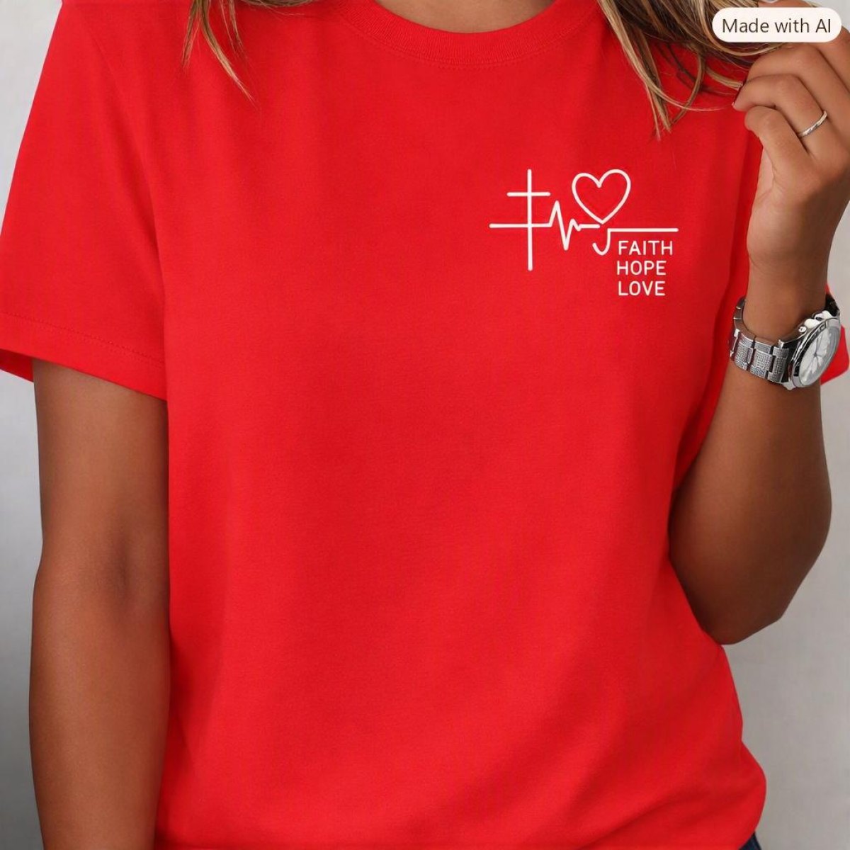 Womans Casual Short Sleeve Cross with heart Rose Red