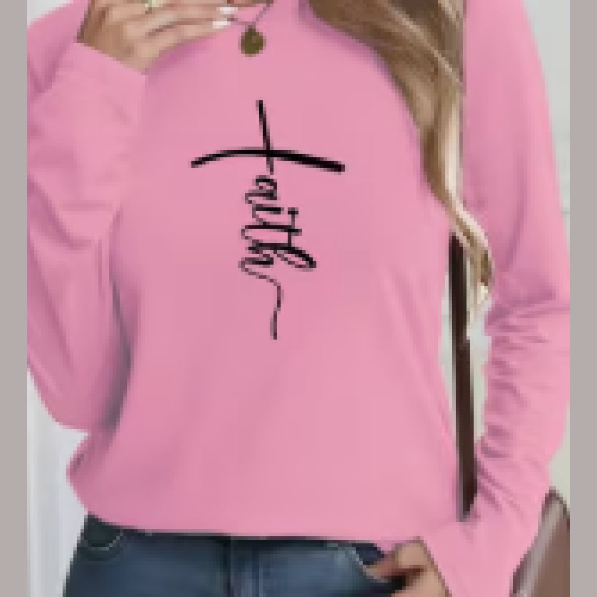 Womans Long Sleeve T Shirt Faith in Black on Pink T
